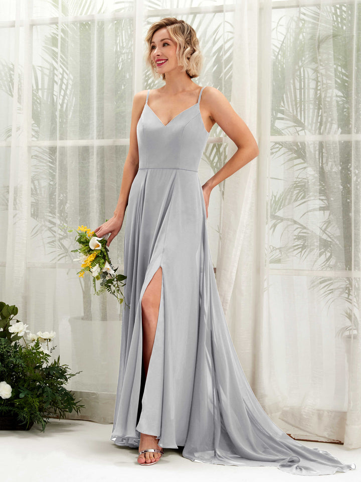 Carlyna A-Linien-Kleid V-Ausschnitt Bodenlang Chiffon Brautjungfernkleid Silber 