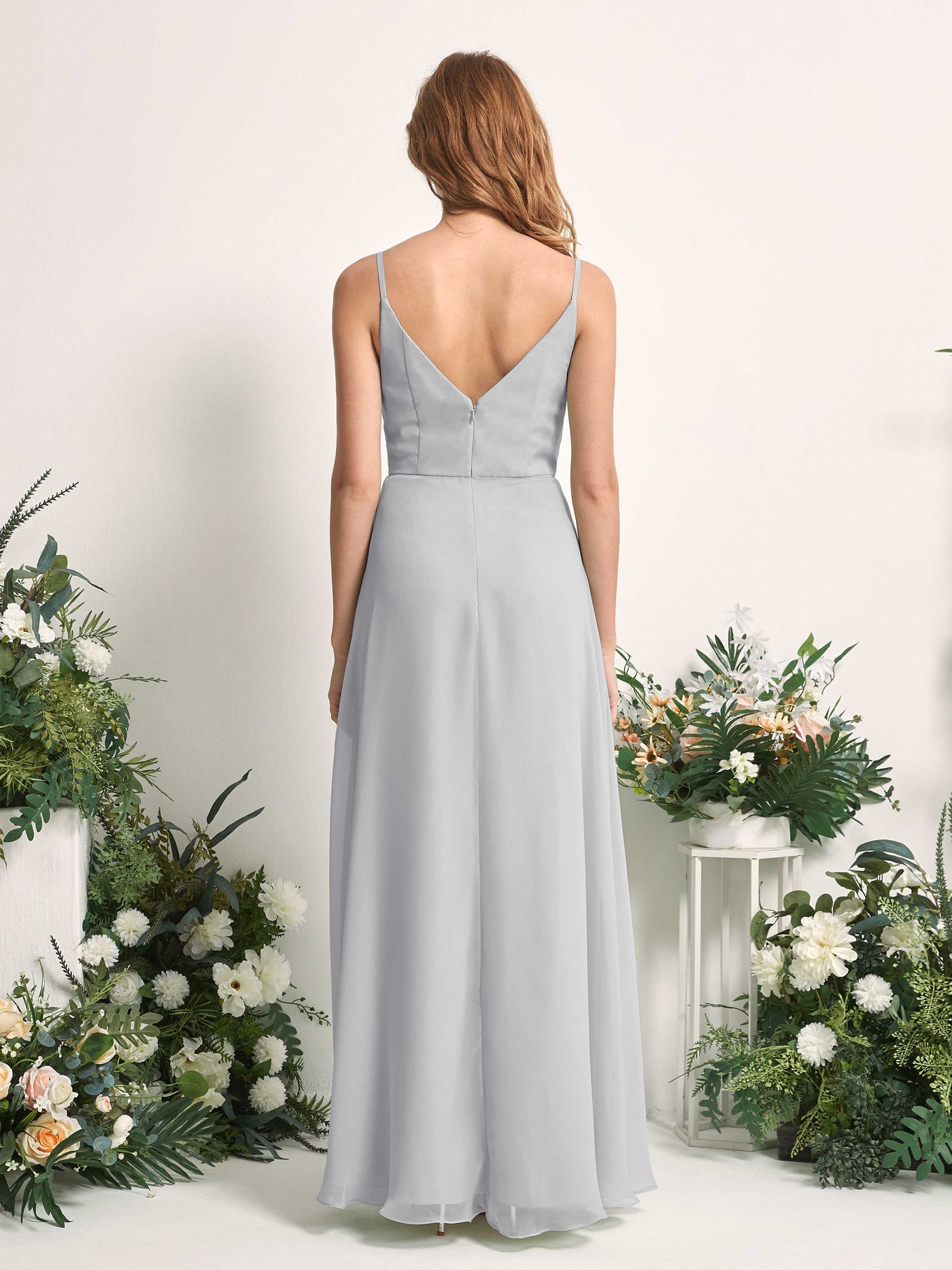 Carlyna A-Linien-Kleid V-Ausschnitt bodenlang Chiffon Brautjungfernkleid Silber #farbe_silber