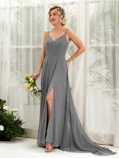 Carlyna A-Linien-Kleid V-Ausschnitt Bodenlang Chiffon Brautjungfernkleid Stahlgrau #farbe_stahlgrau