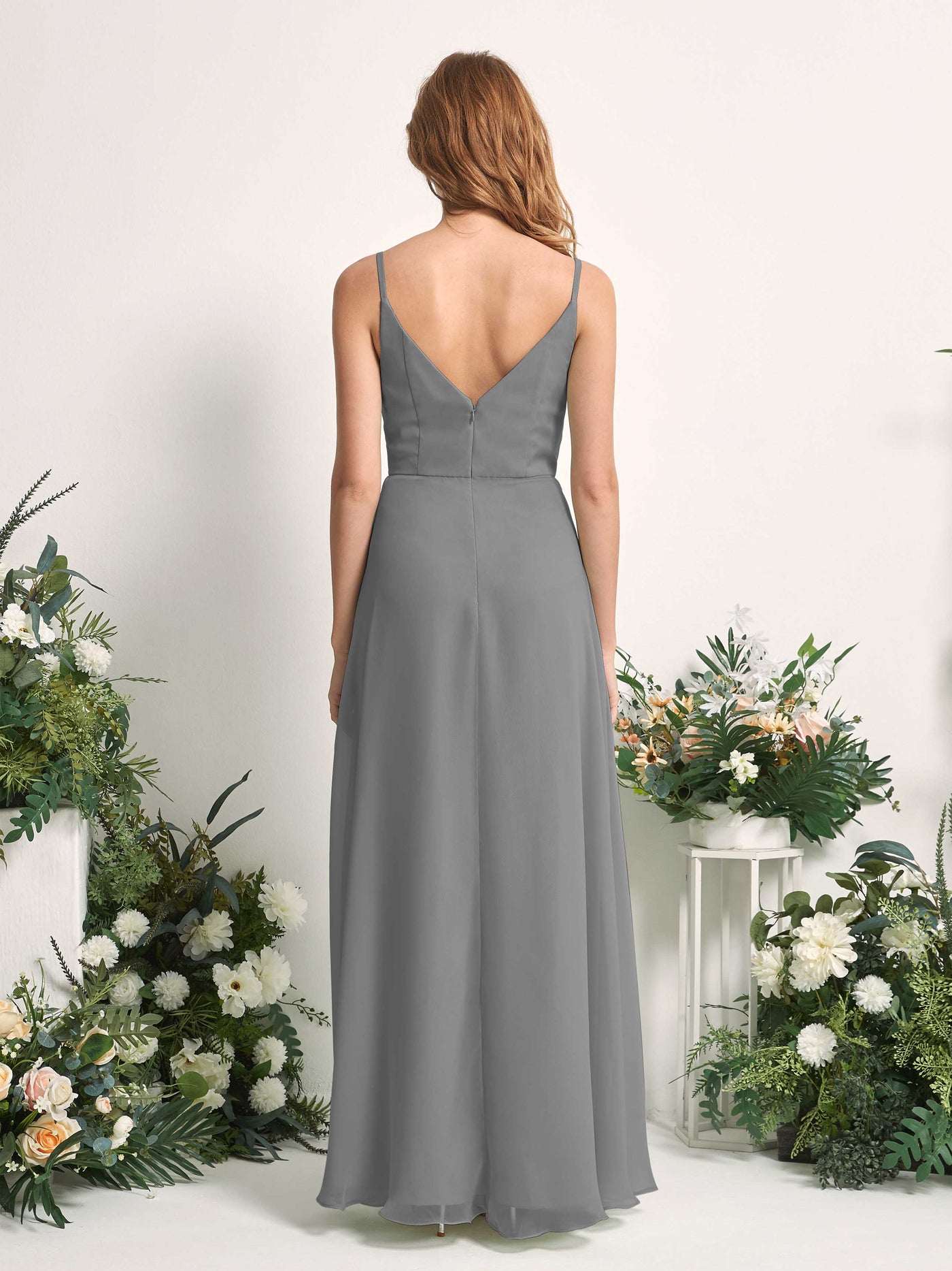 Carlyna A-Linien-Kleid V-Ausschnitt bodenlang Chiffon Brautjungfernkleid Stahlgrau #farbe_stahlgrau