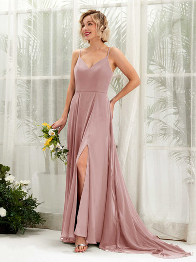 Carlyna A-Linien-Kleid V-Ausschnitt Bodenlang Chiffon Brautjungfernkleid Staubige Rose #farbe_staubige-rose