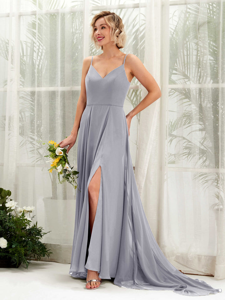Carlyna A-Linien-Kleid V-Ausschnitt Bodenlang Chiffon Brautjungfernkleid Staubiger Lavendel 