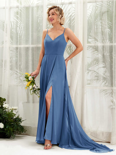 Carlyna A-Linien-Kleid V-Ausschnitt Bodenlang Chiffon Brautjungfernkleid Staubiges Blau #farbe_staubiges-blau