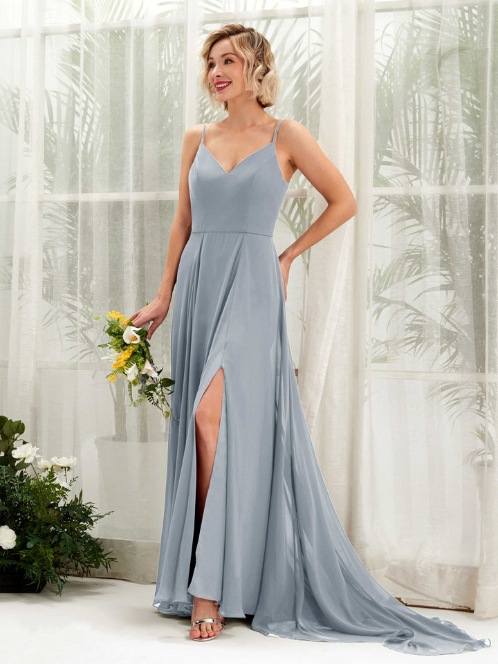 Carlyna A-Linien-Kleid V-Ausschnitt Bodenlang Chiffon Brautjungfernkleid Staubiges Blau-Upgrade 