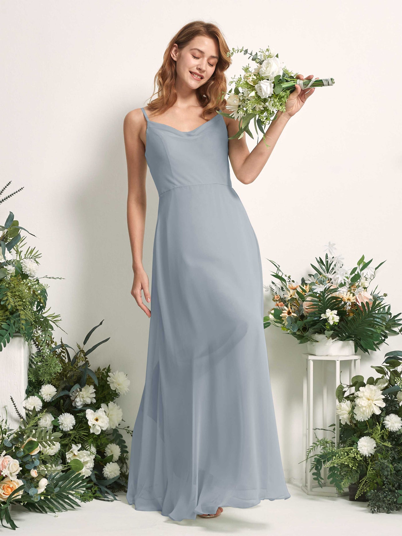 Carlyna A-Linien-Kleid V-Ausschnitt bodenlang Chiffon Brautjungfernkleid Staubiges Blau-Upgrade #farbe_staubiges-blau-upgrade