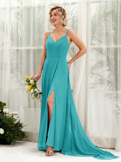 Carlyna A-Linien-Kleid V-Ausschnitt Bodenlang Chiffon Brautjungfernkleid Türkis #farbe_t-rkis