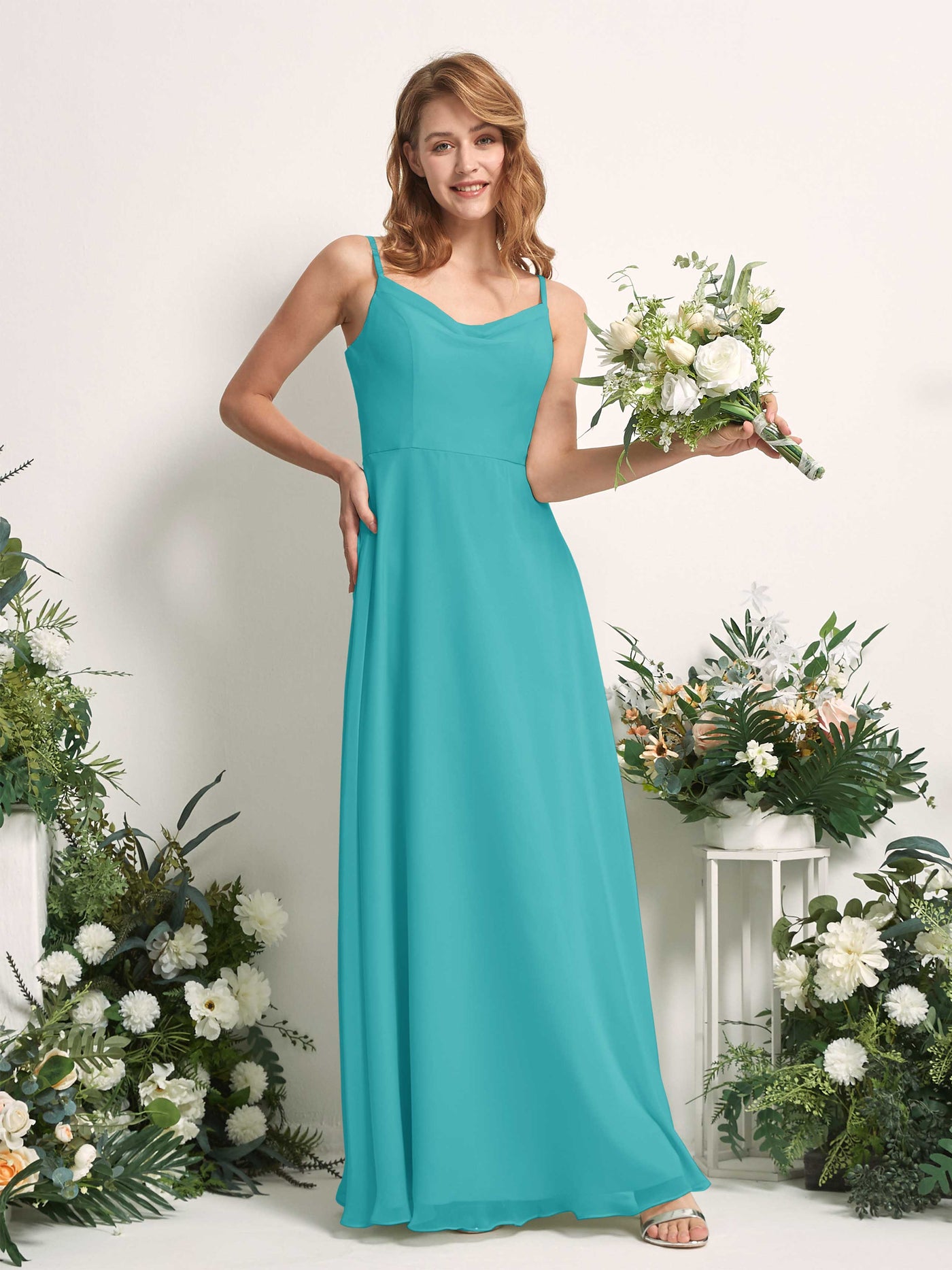 Carlyna A-Linien-Kleid V-Ausschnitt bodenlang Chiffon Brautjungfernkleid Türkis #farbe_t-rkis
