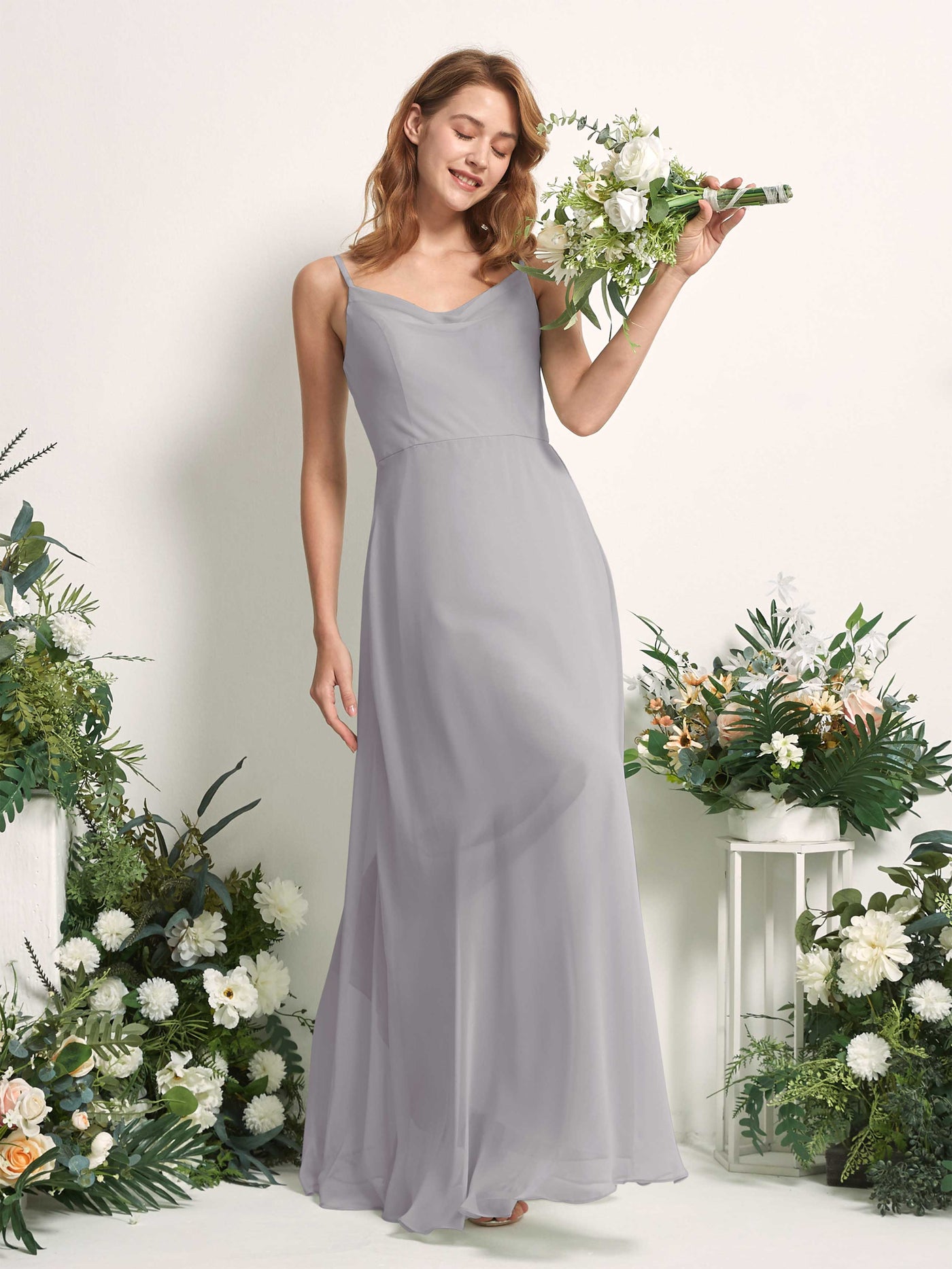 Carlyna A-Linien-Kleid V-Ausschnitt bodenlang Chiffon Brautjungfernkleid Taube #farbe_taube