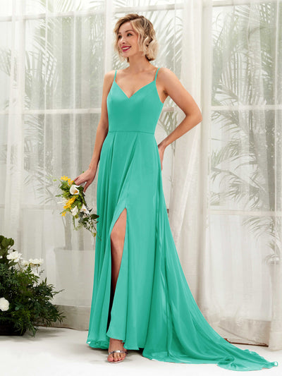Carlyna A-Linien-Kleid V-Ausschnitt Bodenlang Chiffon Brautjungfernkleid Tiffany-Blau #farbe_tiffany-blau