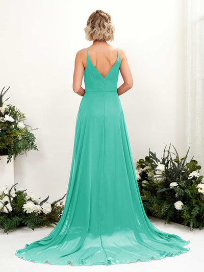 Carlyna A-Linien-Kleid V-Ausschnitt Bodenlang Chiffon Brautjungfernkleid Tiffany-Blau #farbe_tiffany-blau