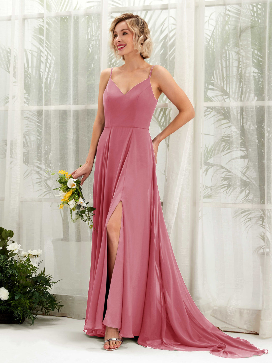 Carlyna A-Linien-Kleid V-Ausschnitt Bodenlang Chiffon Brautjungfernkleid Wüstenrose 