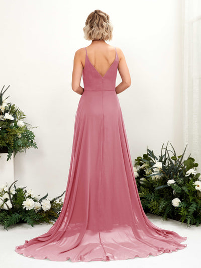 Carlyna A-Linien-Kleid V-Ausschnitt Bodenlang Chiffon Brautjungfernkleid Wüstenrose #farbe_w-stenrose