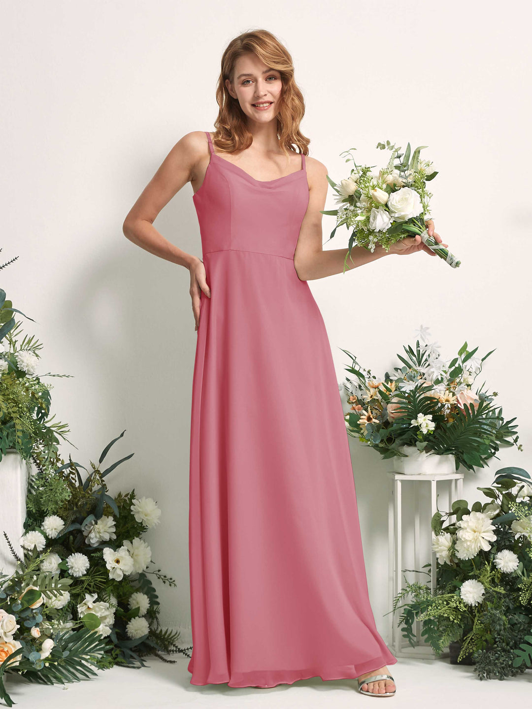 Carlyna A-Linien-Kleid V-Ausschnitt bodenlang Chiffon Brautjungfernkleid Wüstenrose 