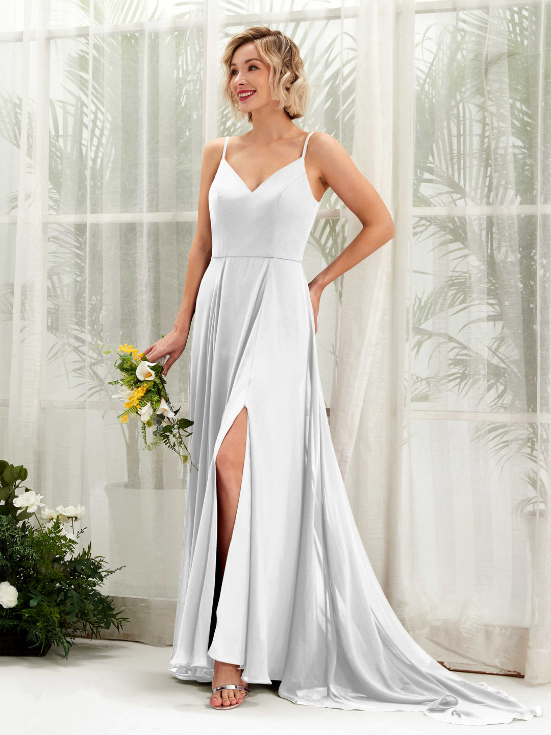 Carlyna A-Linien-Kleid V-Ausschnitt Bodenlang Chiffon Brautjungfernkleid Weiß 