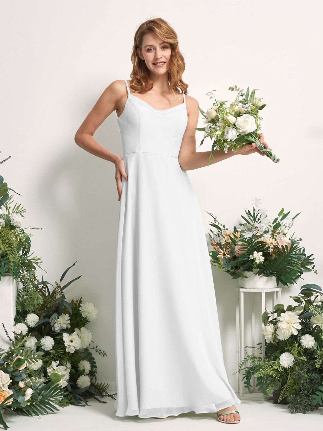 Carlyna A-Linien-Kleid V-Ausschnitt bodenlang Chiffon Brautjungfernkleid Weiß 