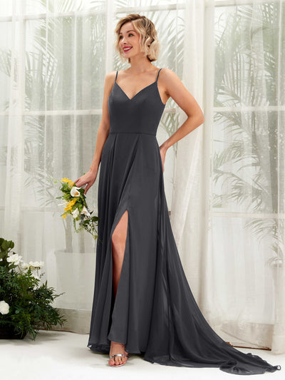 Carlyna A-Linien-Kleid V-Ausschnitt Bodenlang Chiffon Brautjungfernkleid Zinnfarben #farbe_zinnfarben