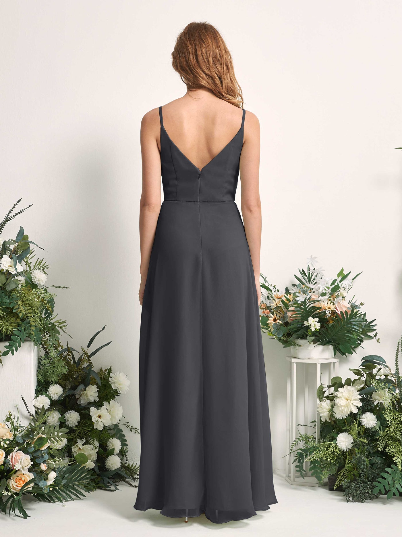 Carlyna A-Linien-Kleid V-Ausschnitt bodenlang Chiffon Brautjungfernkleid Zinnfarben #farbe_zinnfarben