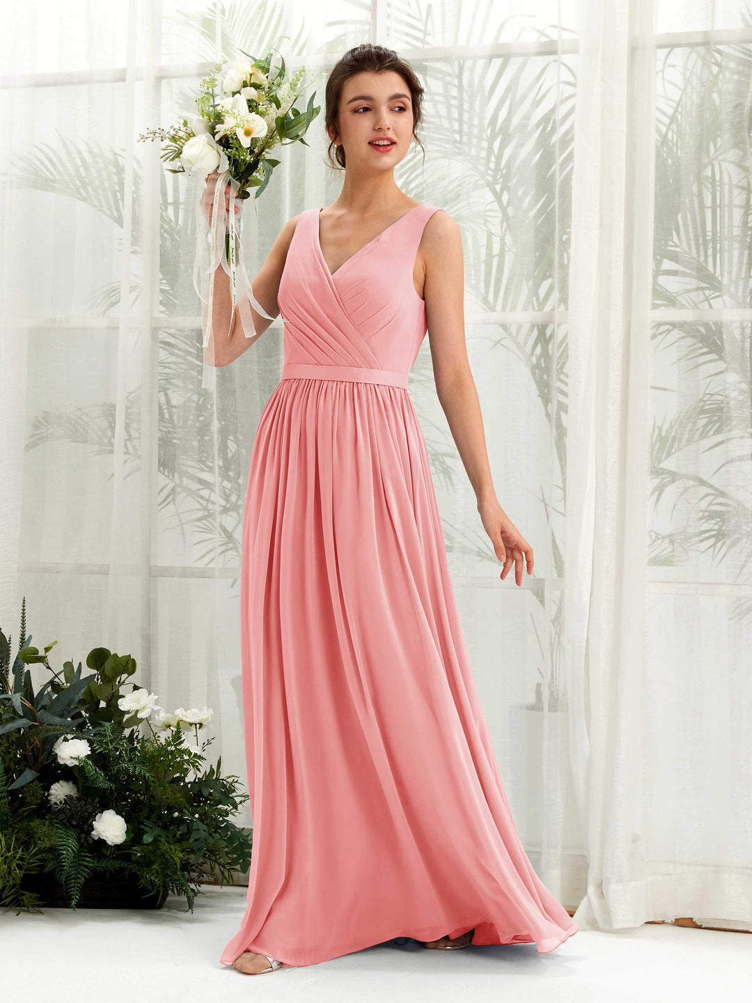 Carlyna A-Linien-Kleid V-Ausschnitt Bodenlang Gerafft Brautjungfernkleid Ballettrosa 