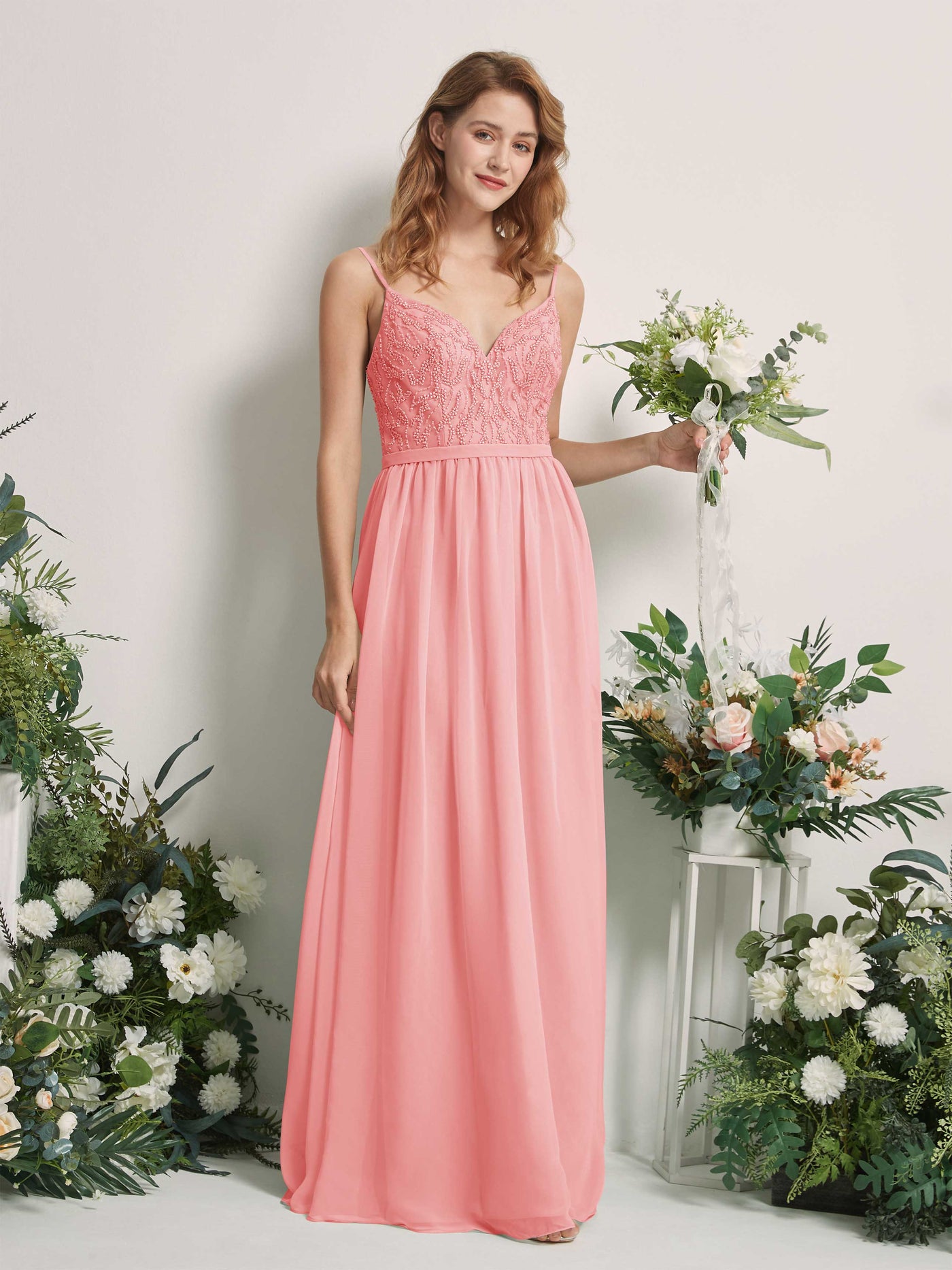 Carlyna A-Linien-Kleid V-Ausschnitt Bodenlang Gerafft Brautjungfernkleid Ballettrosa #farbe_ballettrosa