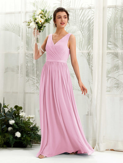 Carlyna A-Linien-Kleid V-Ausschnitt Bodenlang Gerafft Brautjungfernkleid Bonbonrosa #farbe_bonbonrosa
