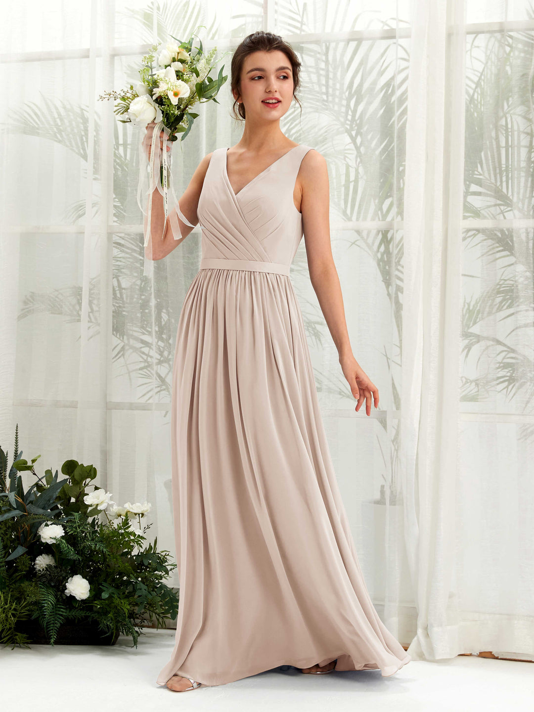 Carlyna A-Linien-Kleid V-Ausschnitt Bodenlang Gerafft Brautjungfernkleid Champagner 