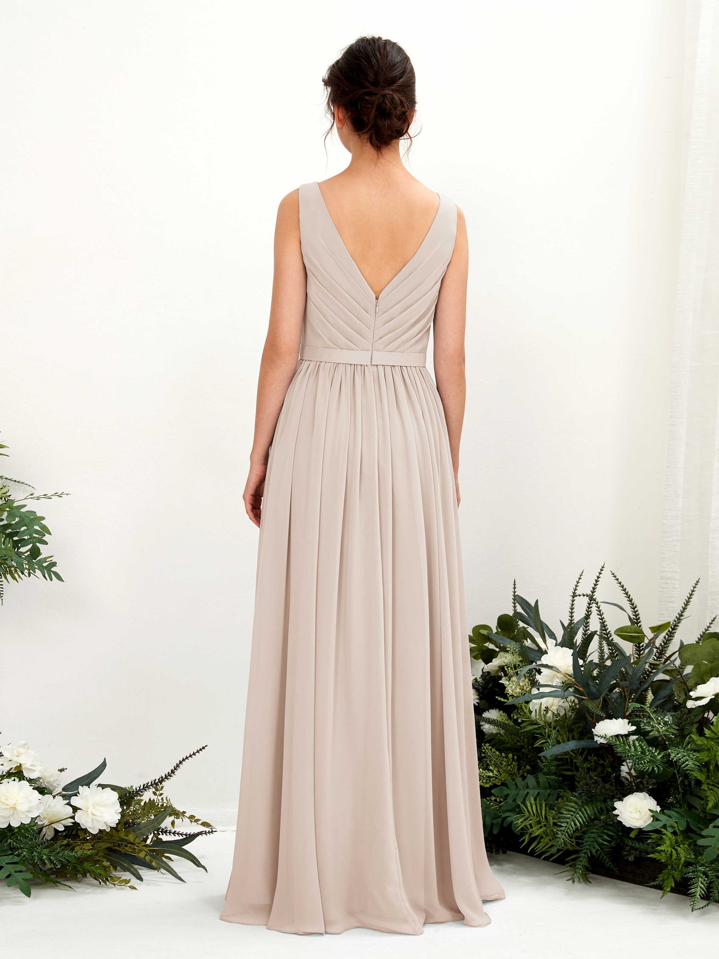 Carlyna A-Linien-Kleid V-Ausschnitt Bodenlang Gerafft Brautjungfernkleid Champagner #farbe_champagner