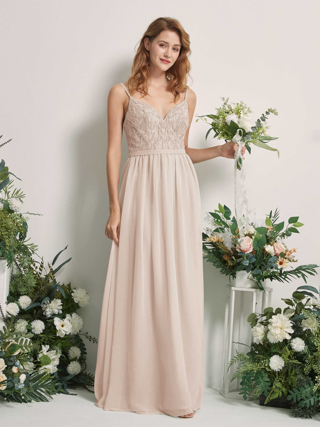 Carlyna A-Linien-Kleid V-Ausschnitt Bodenlang Gerafft Brautjungfernkleid Champagner 
