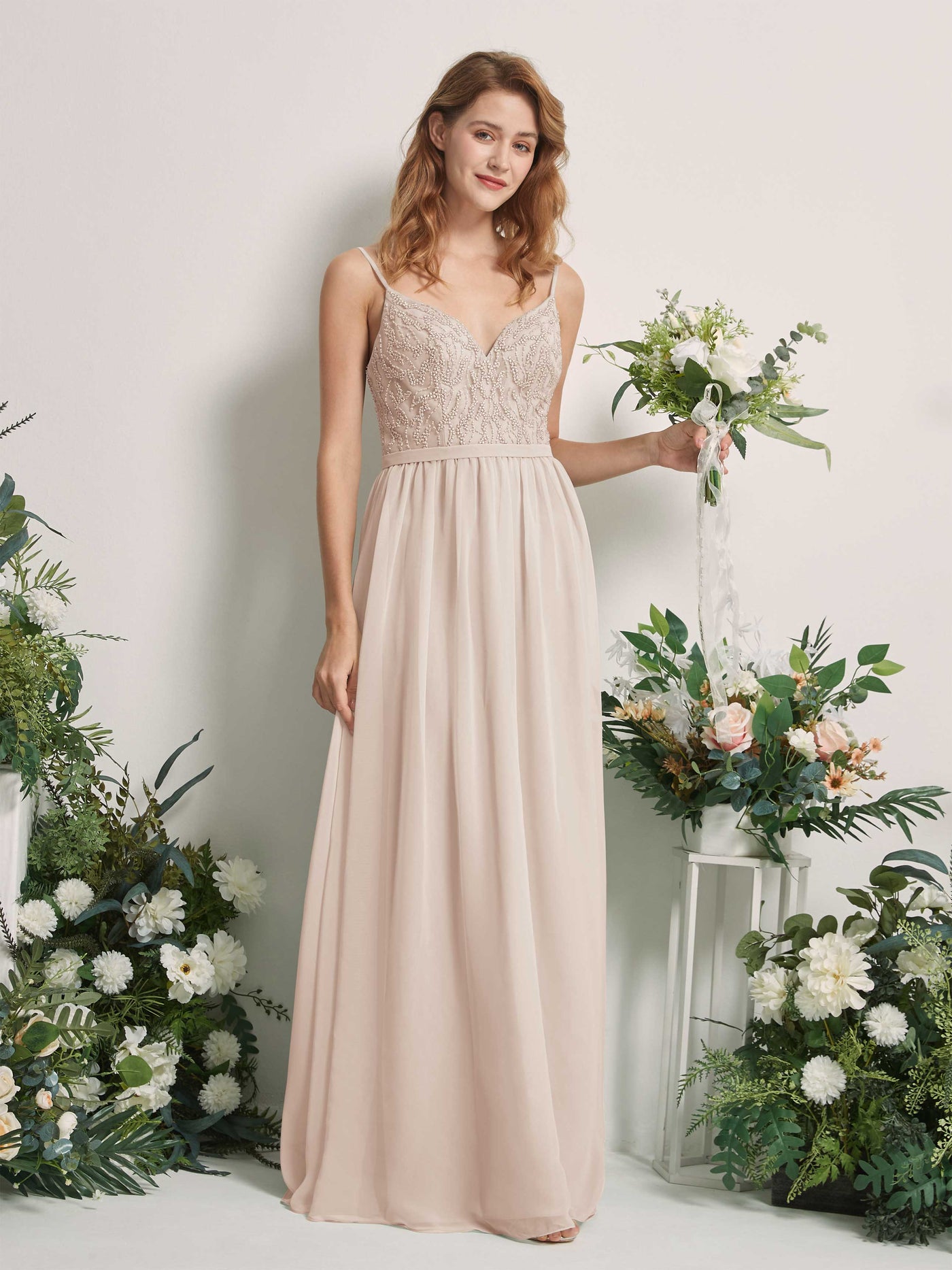 Carlyna A-Linien-Kleid V-Ausschnitt Bodenlang Gerafft Brautjungfernkleid Champagner #farbe_champagner