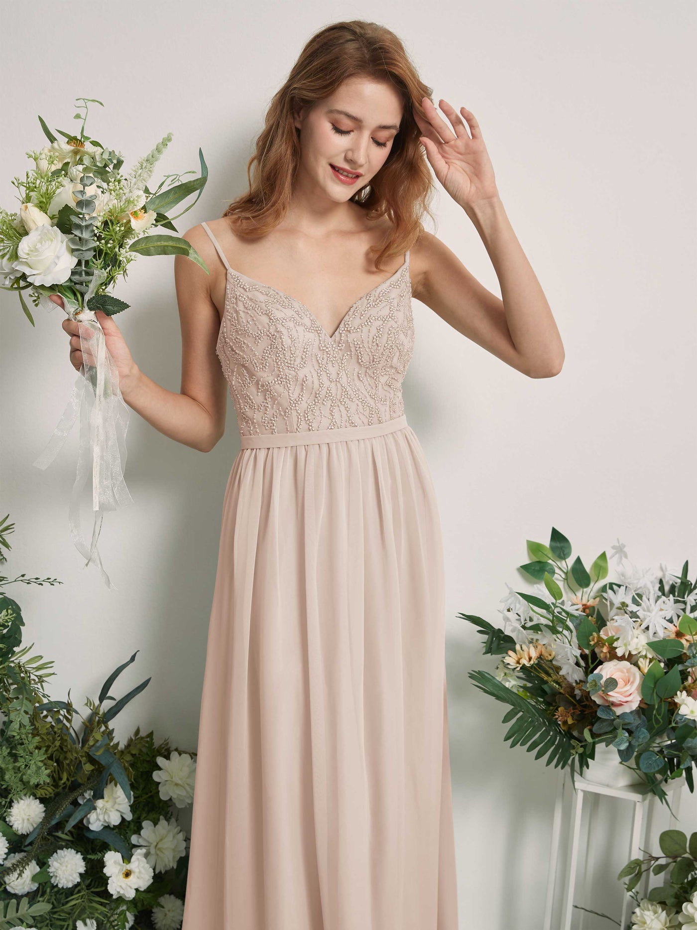 Carlyna A-Linien-Kleid V-Ausschnitt Bodenlang Gerafft Brautjungfernkleid Champagner #farbe_champagner