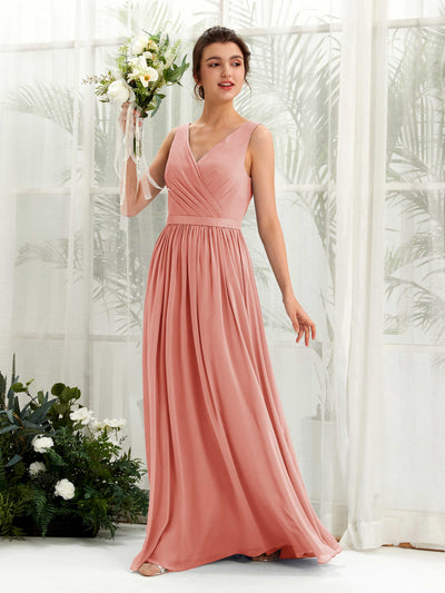 Carlyna A-Linien-Kleid V-Ausschnitt Bodenlang Gerafft Brautjungfernkleid Champagner-Rose #farbe_champagner-rose