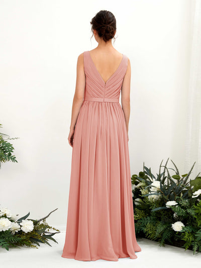 Carlyna A-Linien-Kleid V-Ausschnitt Bodenlang Gerafft Brautjungfernkleid Champagner-Rose #farbe_champagner-rose