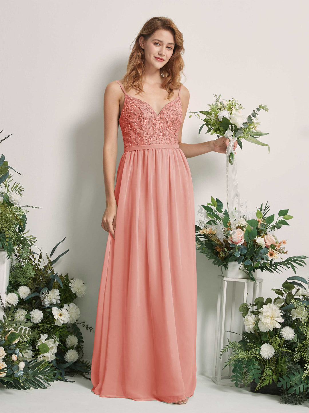 Carlyna A-Linien-Kleid V-Ausschnitt Bodenlang Gerafft Brautjungfernkleid Champagner-Rose 