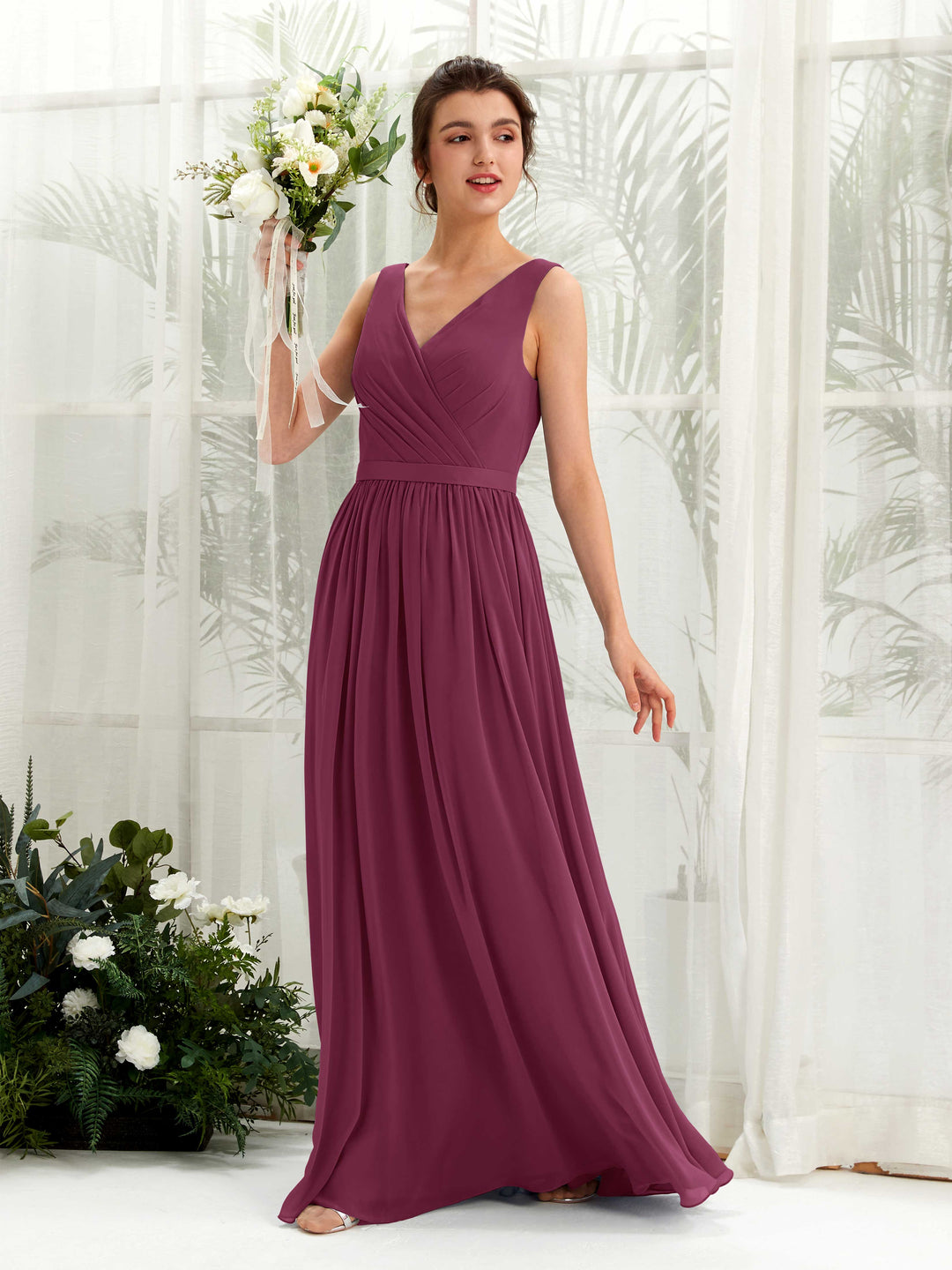 Carlyna A-Linien-Kleid V-Ausschnitt Bodenlang Gerafft Brautjungfernkleid Chianti 