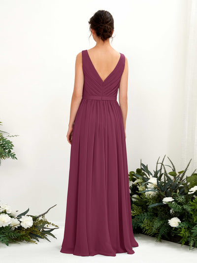 Carlyna A-Linien-Kleid V-Ausschnitt Bodenlang Gerafft Brautjungfernkleid Chianti #farbe_chianti