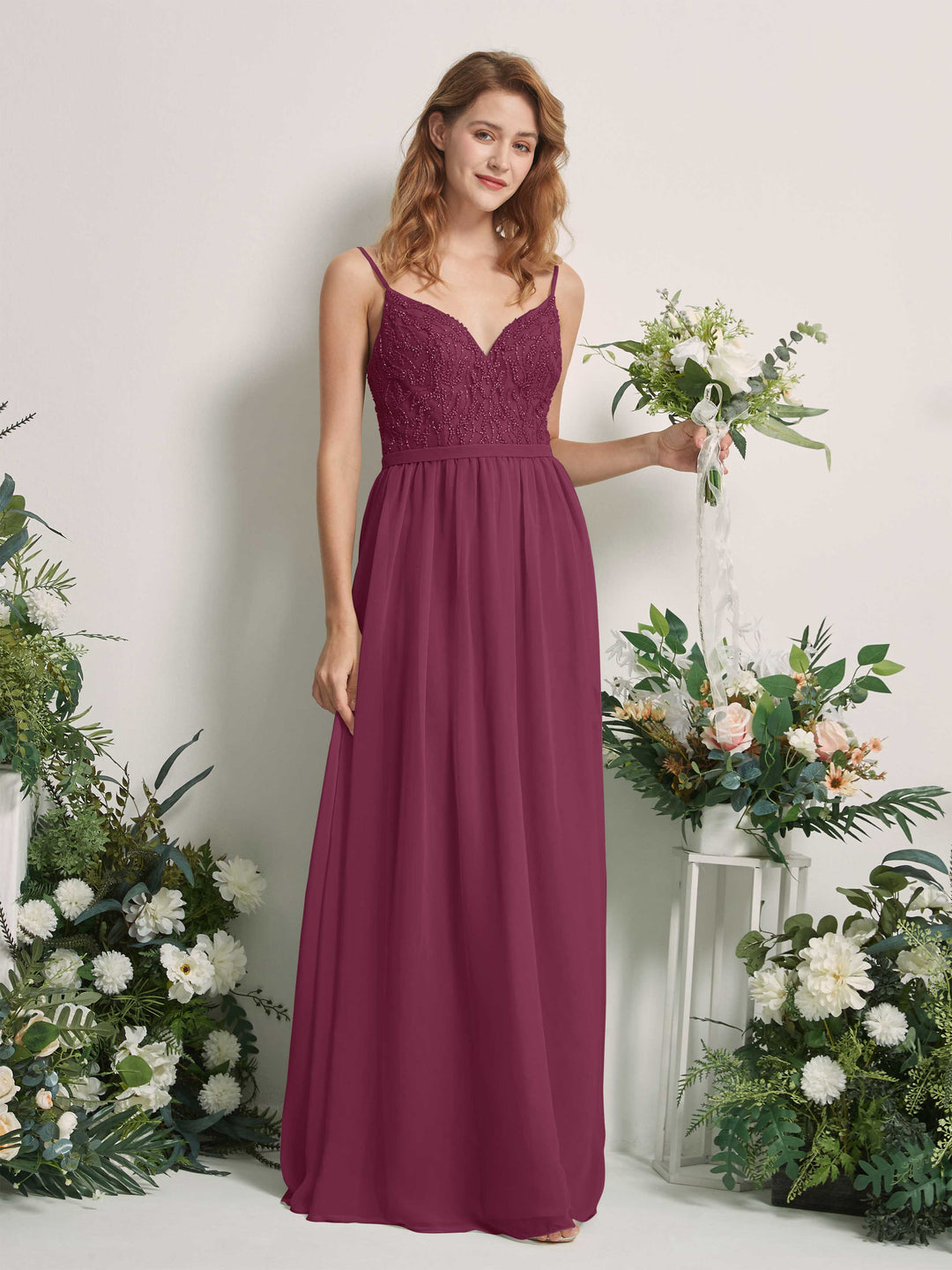 Carlyna A-Linien-Kleid V-Ausschnitt Bodenlang Gerafft Brautjungfernkleid Chianti 