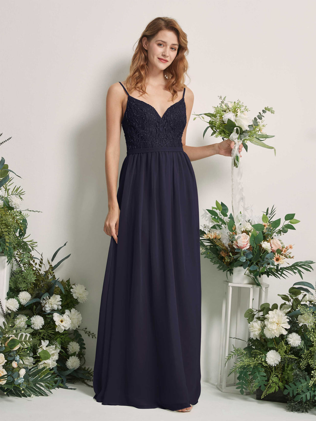 Carlyna A-Linien-Kleid V-Ausschnitt Bodenlang Gerafft Brautjungfernkleid Dunkel Marineblau 