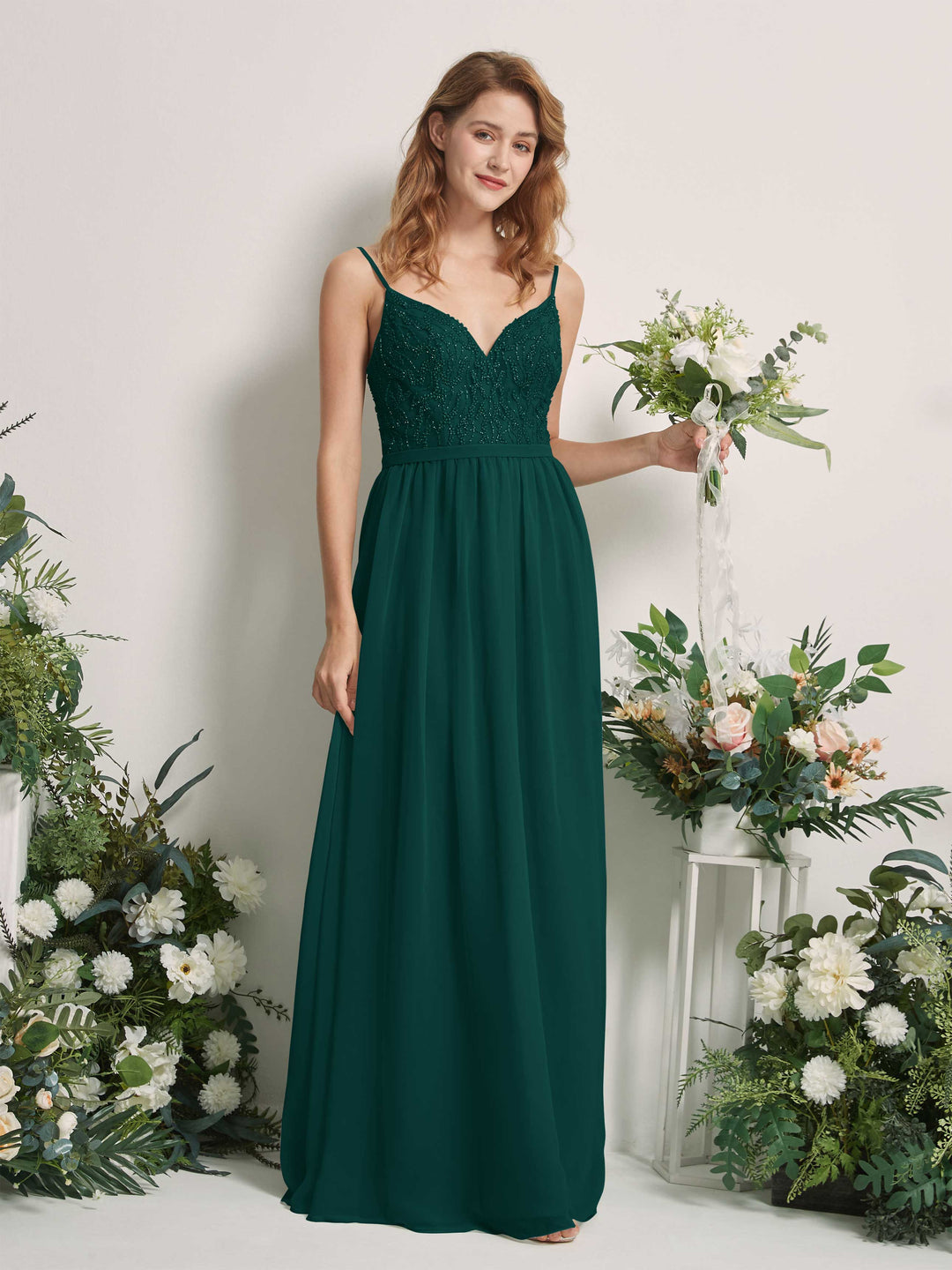 Carlyna A-Linien-Kleid V-Ausschnitt Bodenlang Gerafft Brautjungfernkleid Dunkelsmaragd 