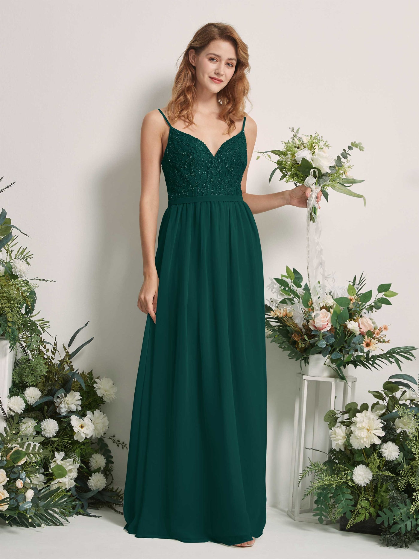Carlyna A-Linien-Kleid V-Ausschnitt Bodenlang Gerafft Brautjungfernkleid Dunkelsmaragd #farbe_dunkelsmaragd