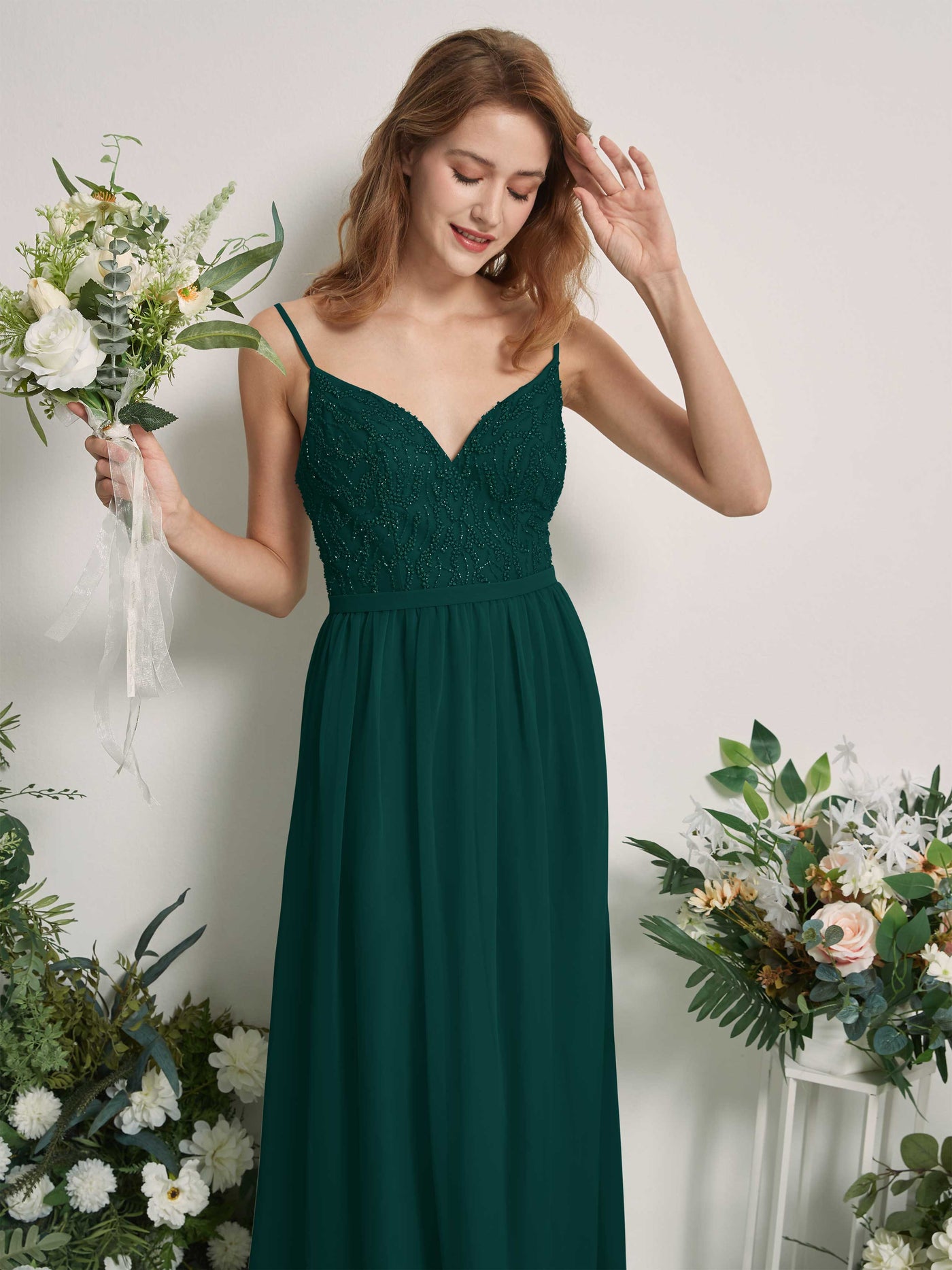 Carlyna A-Linien-Kleid V-Ausschnitt Bodenlang Gerafft Brautjungfernkleid Dunkelsmaragd #farbe_dunkelsmaragd