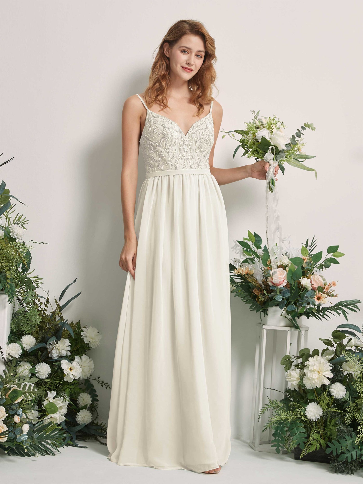 Carlyna A-Linien-Kleid V-Ausschnitt Bodenlang Gerafft Brautjungfernkleid Elfenbein #farbe_elfenbein