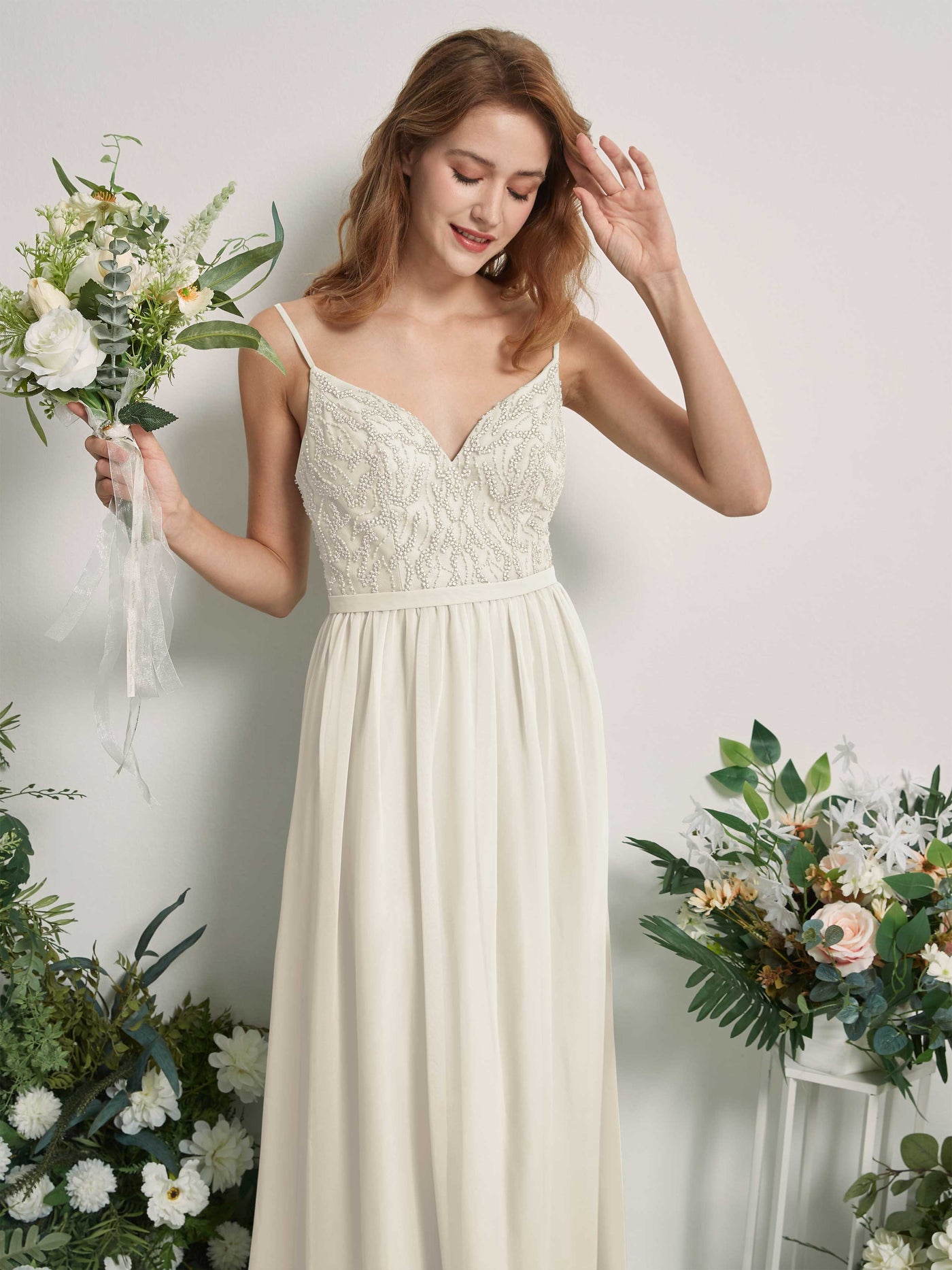 Carlyna A-Linien-Kleid V-Ausschnitt Bodenlang Gerafft Brautjungfernkleid Elfenbein #farbe_elfenbein