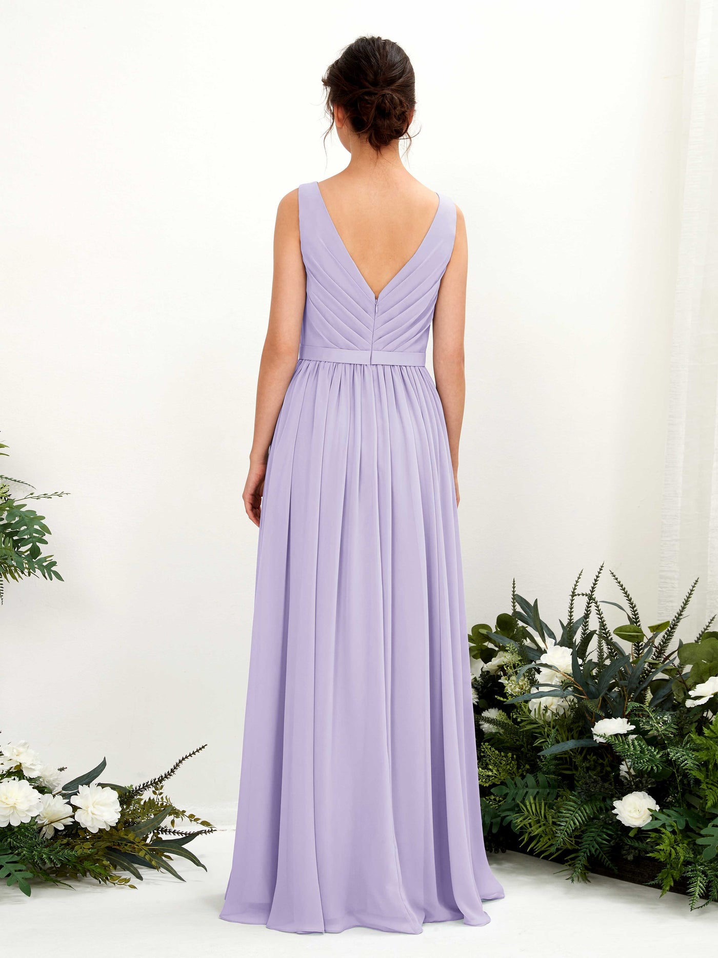 Carlyna A-Linien-Kleid V-Ausschnitt Bodenlang Gerafft Brautjungfernkleid Flieder #farbe_flieder