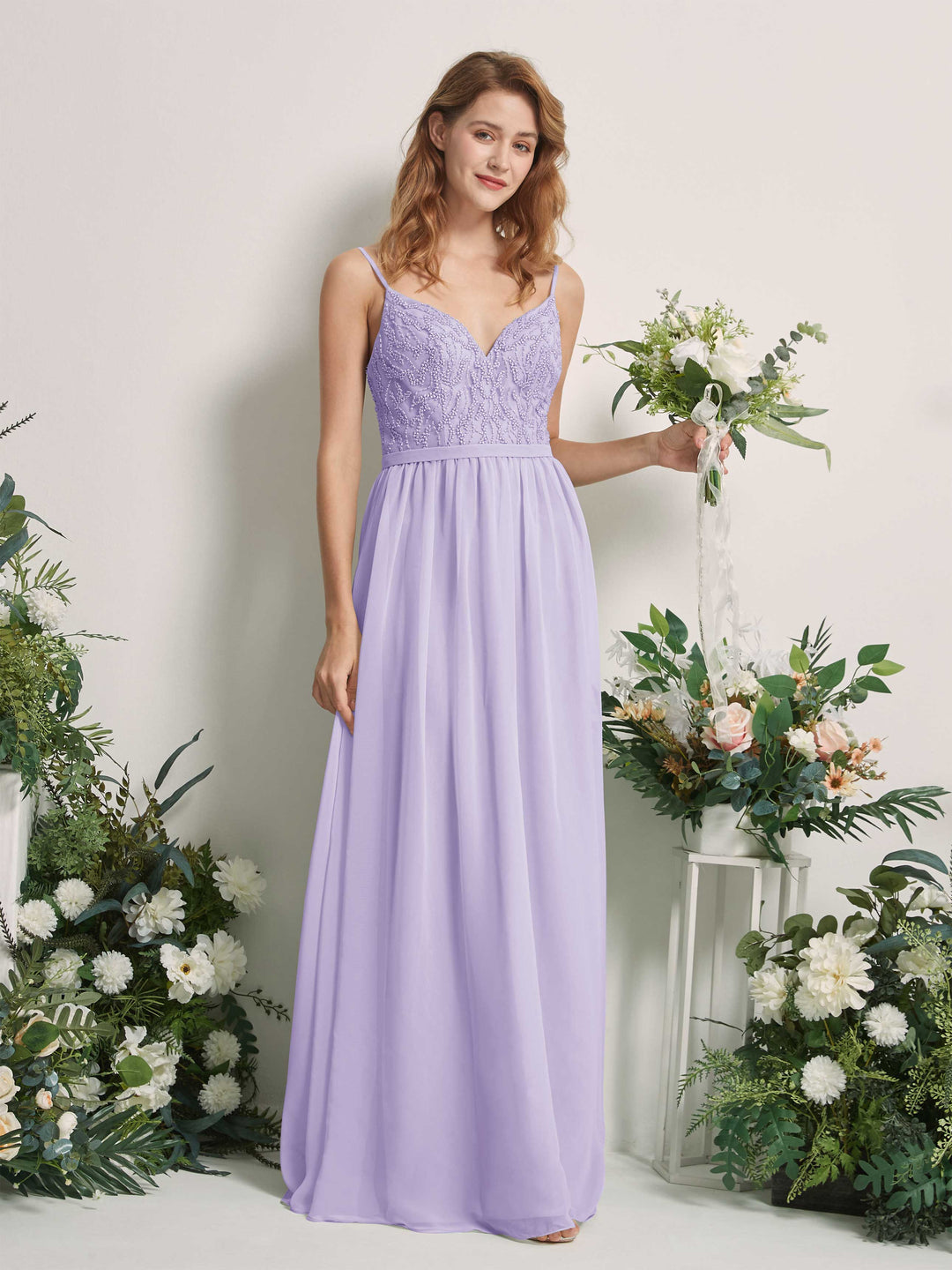 Carlyna A-Linien-Kleid V-Ausschnitt Bodenlang Gerafft Brautjungfernkleid Flieder 