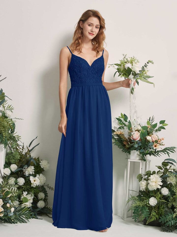 Carlyna A-Linien-Kleid V-Ausschnitt Bodenlang Gerafft Brautjungfernkleid Königsblau 