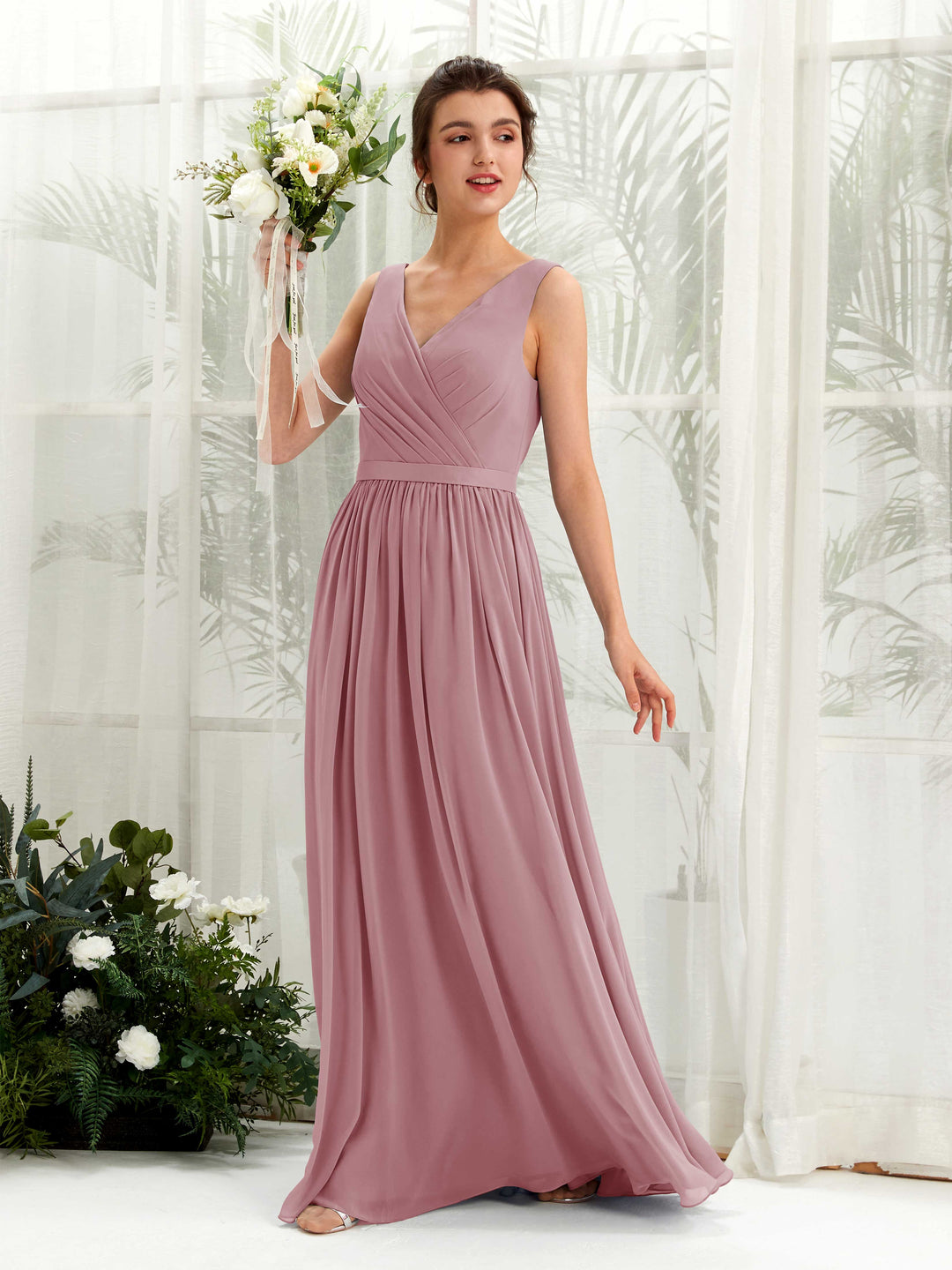 Carlyna A-Linien-Kleid V-Ausschnitt Bodenlang Gerafft Brautjungfernkleid Klassisch Mauve 