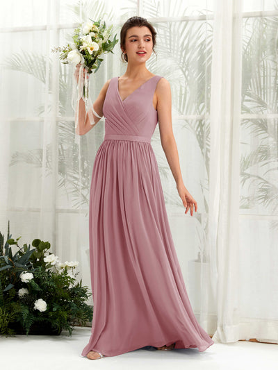 Carlyna A-Linien-Kleid V-Ausschnitt Bodenlang Gerafft Brautjungfernkleid Klassisch Mauve #farbe_klassisch-mauve