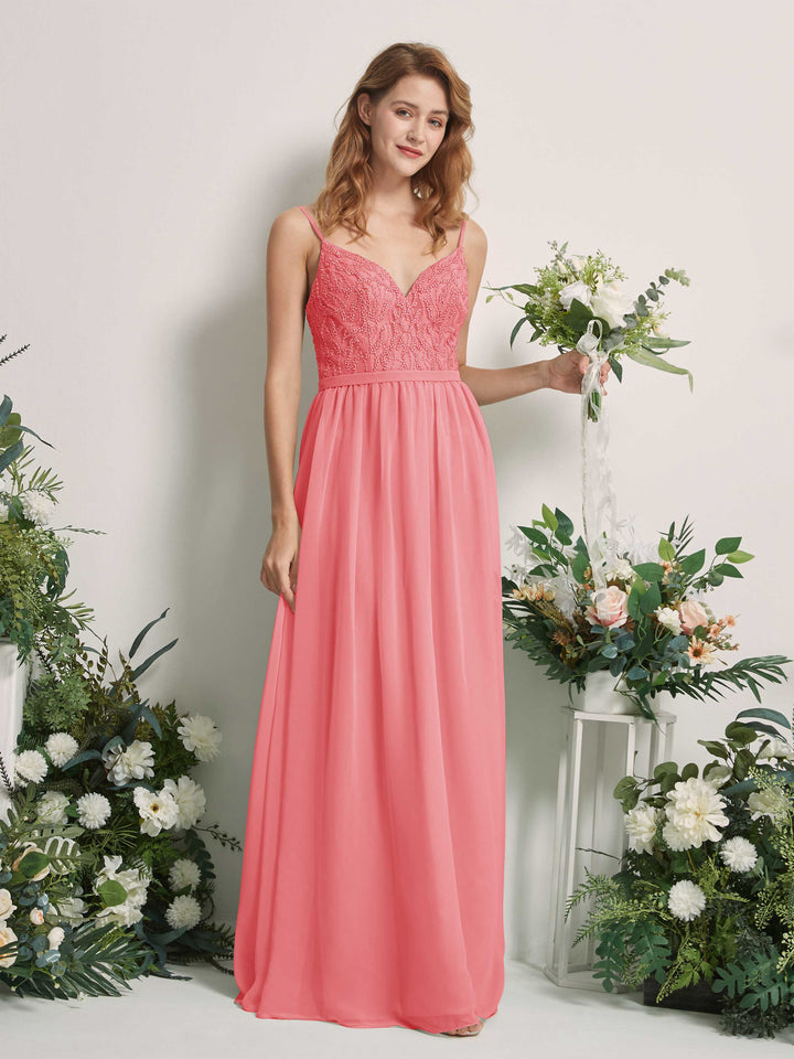 Carlyna A-Linien-Kleid V-Ausschnitt Bodenlang Gerafft Brautjungfernkleid Korallenrosa 