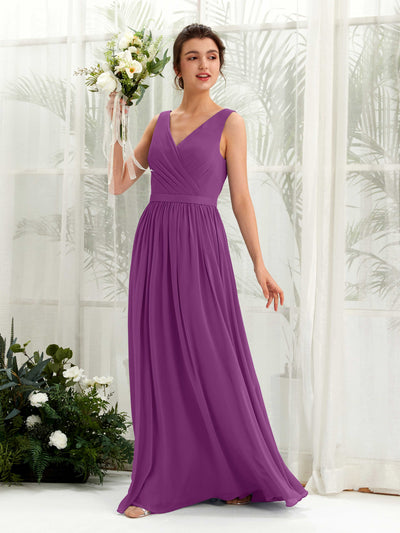 Carlyna A-Linien-Kleid V-Ausschnitt Bodenlang Gerafft Brautjungfernkleid Lila #farbe_lila