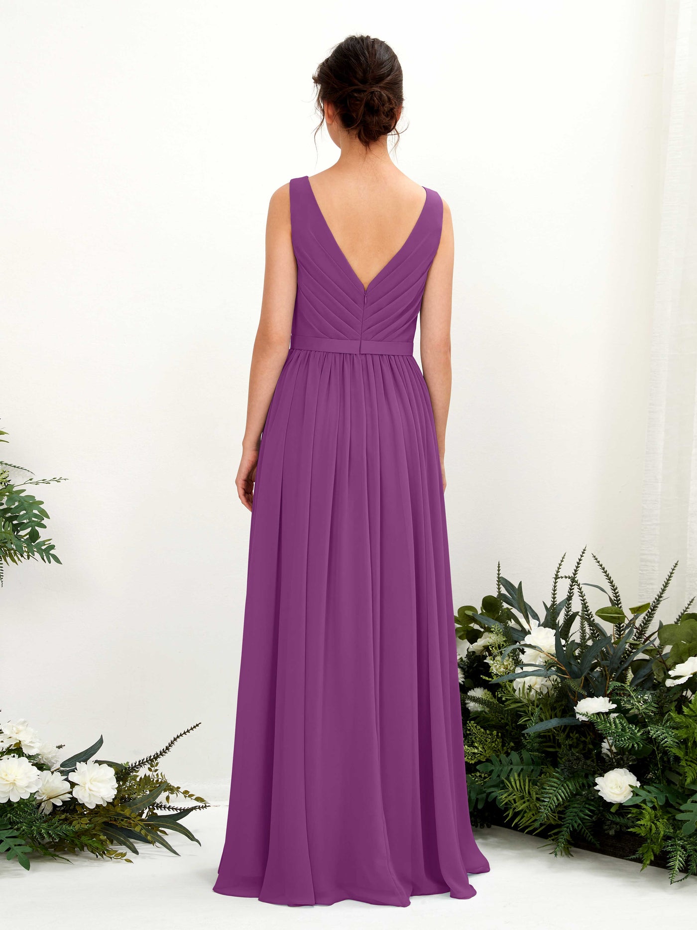 Carlyna A-Linien-Kleid V-Ausschnitt Bodenlang Gerafft Brautjungfernkleid Lila #farbe_lila