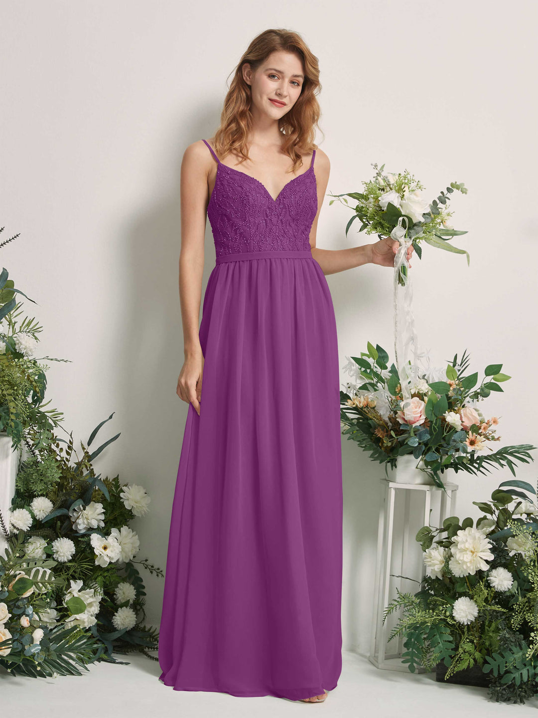 Carlyna A-Linien-Kleid V-Ausschnitt Bodenlang Gerafft Brautjungfernkleid Lila 